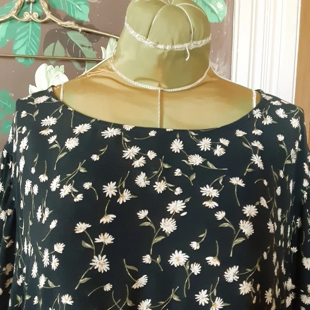American Eagle XL Black Floral Babydoll Tunic Top Boho Peasant Long Sleeve - Picture 2 of 15